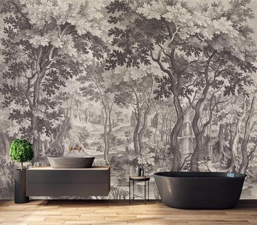 Vintage Monochrome Forest River Landscape Peel and Stick Wallpaper - Image 4