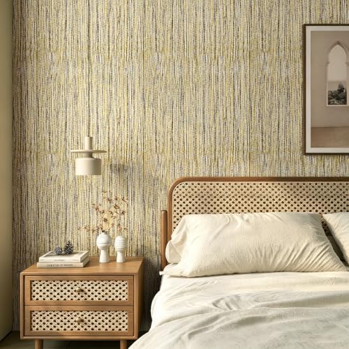 Grasscloth Peel and Stick Wallpaper Beige Gold Linen Textured Wallpaper - Image 4