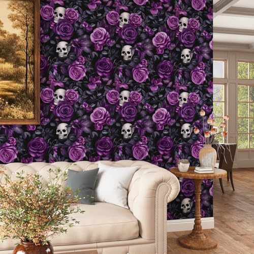 Laatse Gothic Dark Purple Skull Floral Wallpaper Peel and Stick 17.5"x787" - Image 2