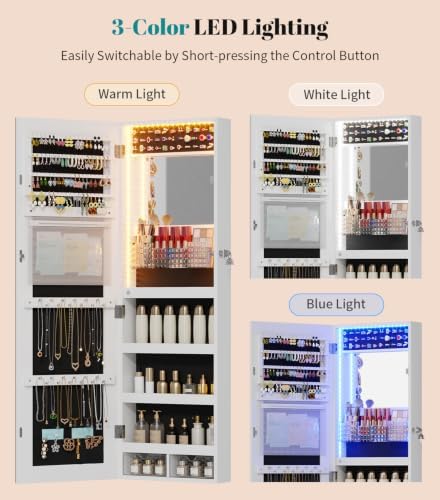 Vlsrka LED Mirror Jewelry Cabinet, Over Door/Wall Mounted Jewelry Organizer - Image 5