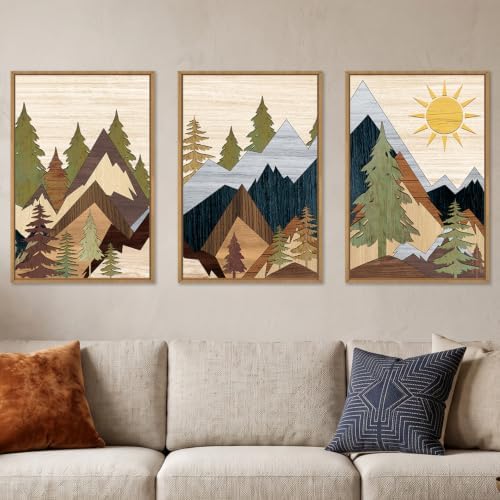 Ausri Boho Mountain Pine Tree Framed Canvas Wall Art Set -16"x24"x3 by Ausril