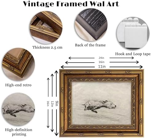 Vintage Gold Framed Dog Wall art, Funny Antique Terrier Portrait Sketch Canvas - Image 3