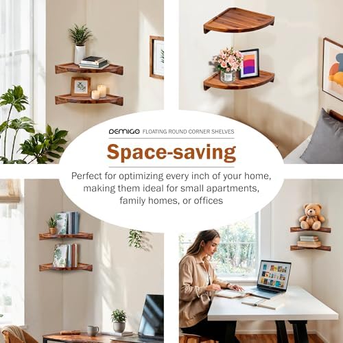 Demigo Round Floating Corner Shelves, Natural Acacia Wall Shelf - Image 6