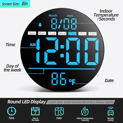 8in Round Digital Wall Clock, Large LED Display, Auto DST, Temperature - Image 2