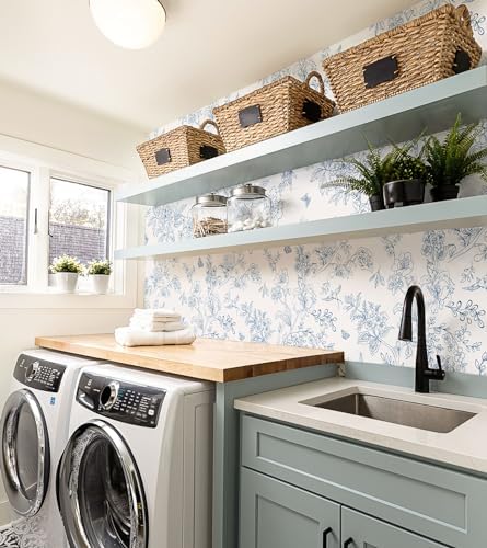 Froluya Cream White and Blue Peel and Stick Wallpaper Floral Contact Paper - Image 3