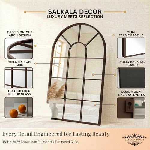 Brown Framed 48x28Inch Arched Window Pane Mirror| Arched Mirrors - Image 4