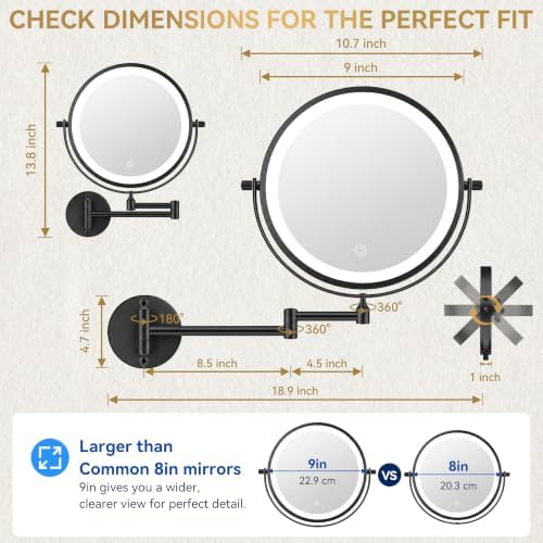 Auxmir 9″ 5000mAh 1X/30X Wall Mounted Lighted Magnifying Makeup Mirror - Image 4