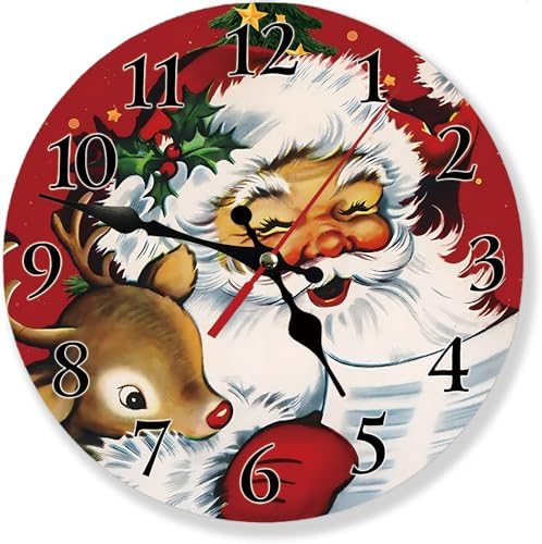 Christmas Vintage Santa Claus and Reindeer Wall Clock, Silent Non Ticking Round by Nicegod