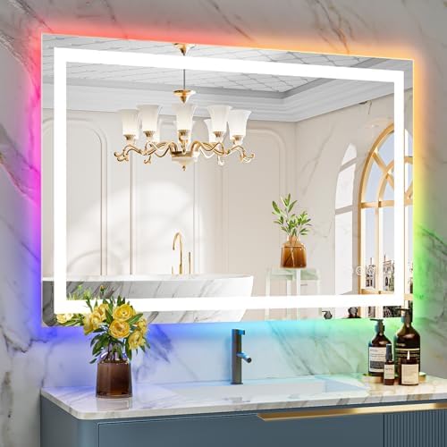 44x30 LED Bathroom Mirror with Lights, RGB Backlit Lighted Mirror by YEELAIT