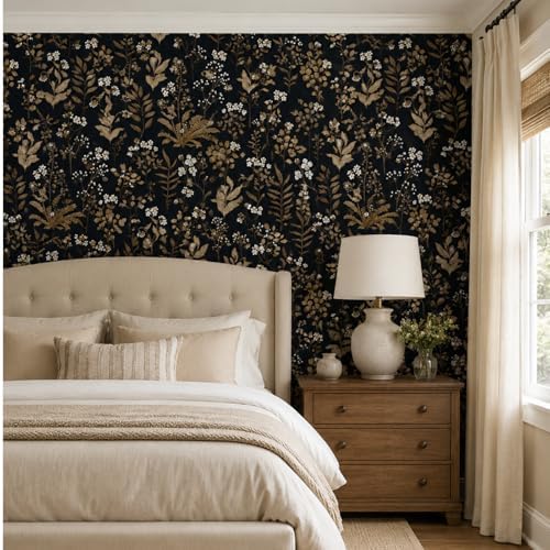Black and Gold Peel and Stick Wallpaper Moody Dark Floral Contact Paper - Image 7