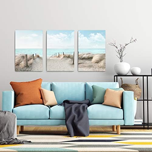 3 Piece Large Canvas Bedroom Wall Art Beach Blue Sea Blue Sky Print Picture - Image 2