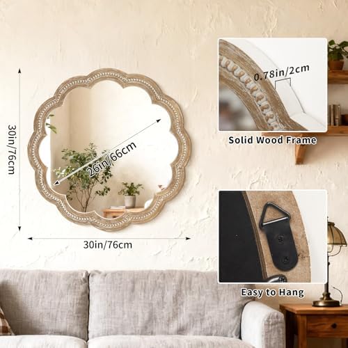 30 Inch Round Wall Mirror, Antique Brown Solid Wood Frame - Image 2