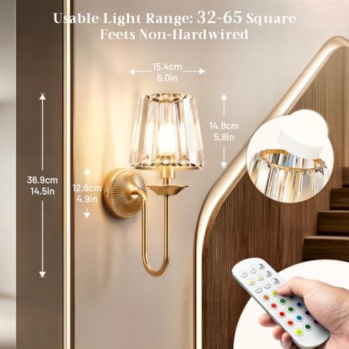Gold Battery Operated Wall Sconces Set of Two, Crystal Wireless Rechargeable - Image 6