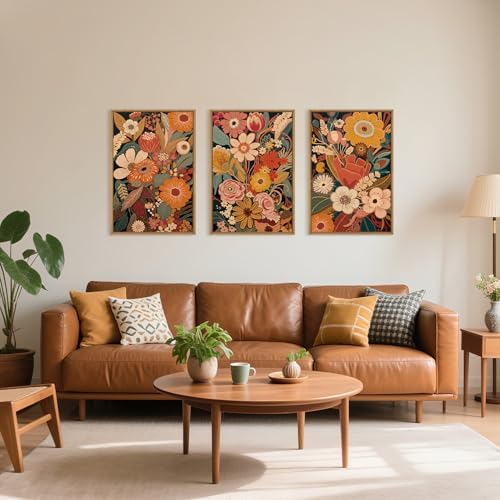 Aryroi Large Brunt Orange Floral Framed Canvas Wall Art Set- 16"x24"x3 - Image 2