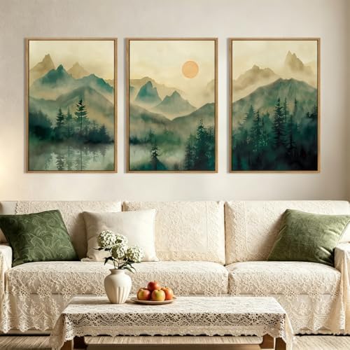 IARTTOP Extra Large Green Forest Wall Art 24x36 Inch Framed Foggy Mountain by IARTTOP
