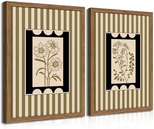 Framed Vintage Botanical Wall Art Set of 2, Olive Green Striped Floral Line by FSYSART