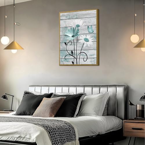 HVEST Farmhouse Teal Floral Framed Wall Art Rustic Daisy Butterfly on Vintage - Image 2