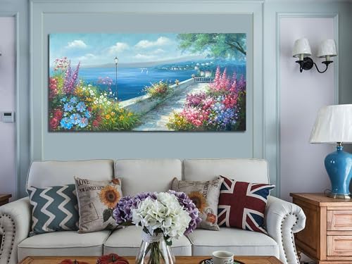 Arjun Blue Coastal Landscape Canvas Wall Art Ocean Large Framed 48"x24" - Image 2