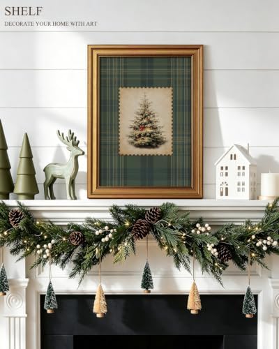 VIYYIEA Gold Framed Winter Christmas Canvas Wall Art, Plaid Christmas Tree - Image 3
