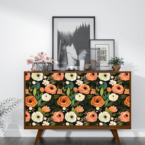 Danodoi Orange Green Vintage Floral Peel and Stick Wallpaper 17.5" x 393" - Image 2