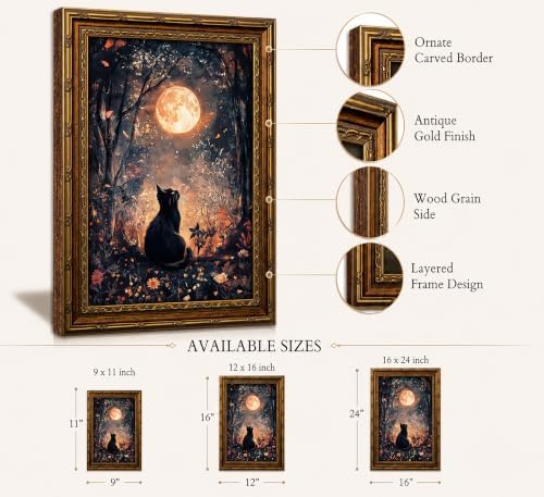Vintage Gold Framed Black Cat Canvas Wall Art Dark Academia Gothic Full Moon - Image 2