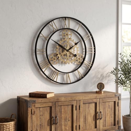 Cuspin 30 Inch Large Wall Clock Black Gold Roman Numeral Gears Wall Clock - Image 2