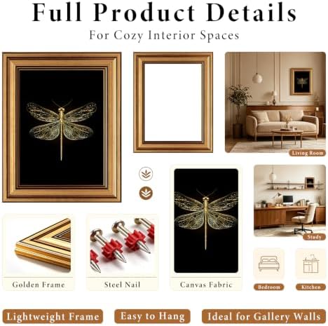 IMNTSD Framed Vintage Golden Dragonfly Wall Art, Dark Background Ornate - Image 3
