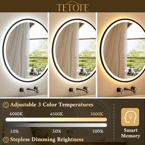 TETOTE Round Led Lighted Bathroom Mirror Matte Black Frame 30 Inch Front and - Image 4
