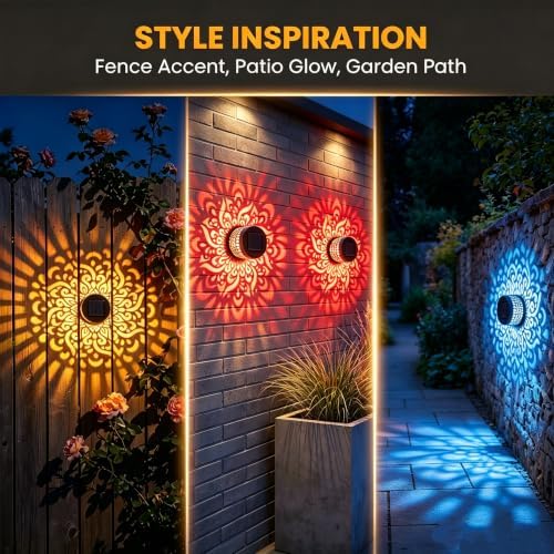 Solar Mandala Outdoor Wall Lights, 4 Pack 7 Color Changing Metal Fence Lanterns - Image 3
