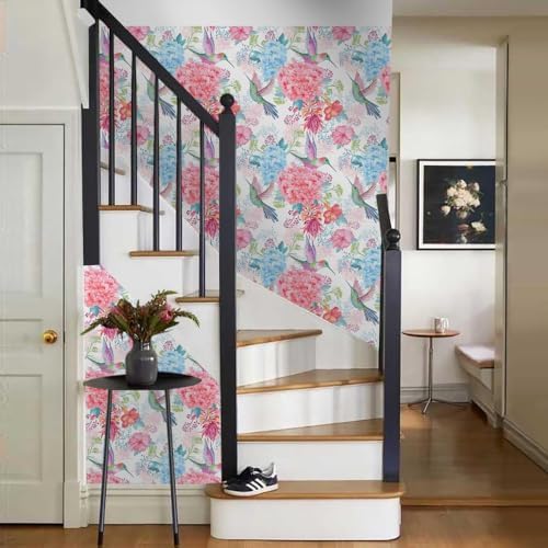 Vintage Pink Hydrangea Floral Hummingbird Birds Flower Peel and Stick Wallpaper - Image 6