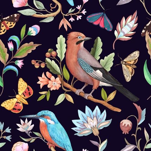Vintage Black Floral Bird Peel and Stick Wallpaper 17.7"x 354" by Wookmmy