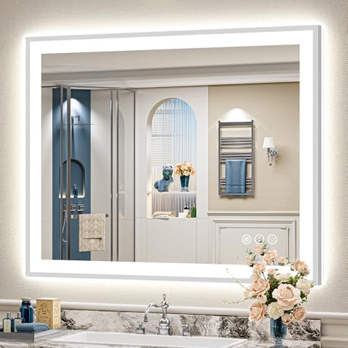 44x36 Inch Brushed Nickel LED Bathroom Mirror, Backlit & Front Lit by Awandee