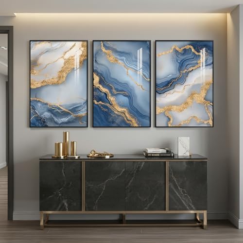 Large Framed Blue Gold White Abstract Wall Art - Image 2