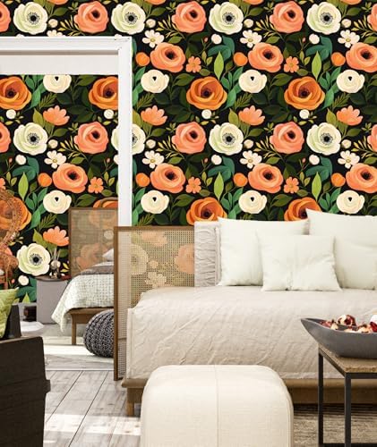 Danodoi Orange Green Vintage Floral Peel and Stick Wallpaper 17.5" x 118" - Image 4