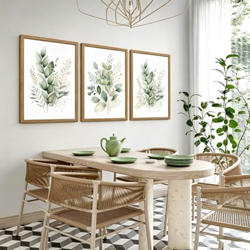 Sage Green Botanical Wall Art Set of 3, Modern Watercolor Eucalyptus Leaf - Image 2