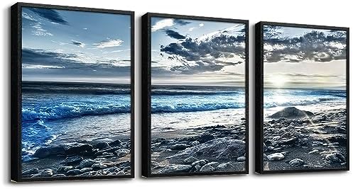 Black Framed Canvas Wall Art For Living Room Wall Decor For Bedroom Blue Beach by Lapremoly