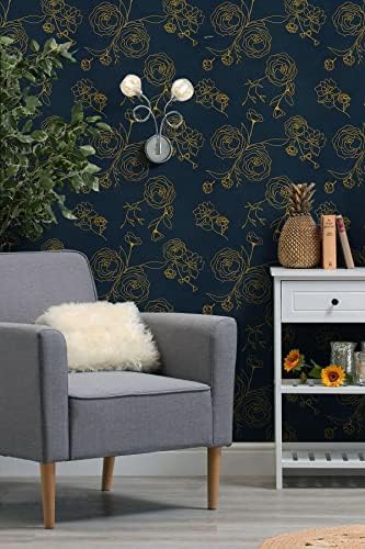 Safiyya 393"x17.3" Peel and Stick Wallpaper Gold and Blue Contact Paper Floral - Image 3