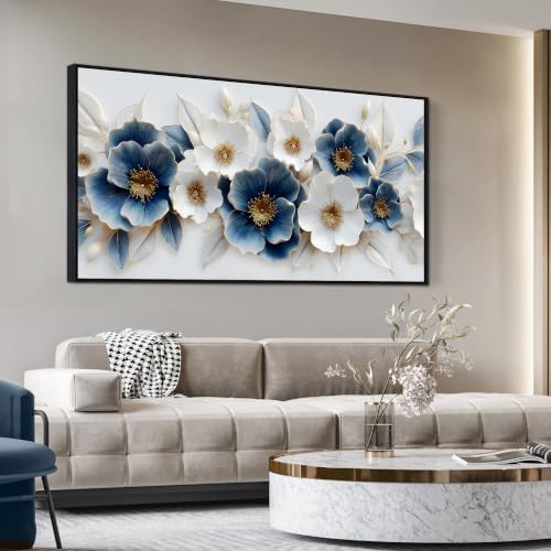 Large Canvas Wall Art for Living Room Blue and White Floral Print Painting wall by POMAIHUADE
