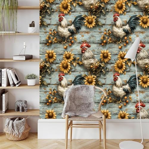 Peel and Stick Mural Sunflowers Rooster Removable Wallpaper 17.3"x393" Self - Image 3