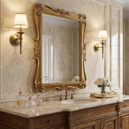 Antique Gold Wall Mirror, Vintage European Ornate Carved Frame by HOME