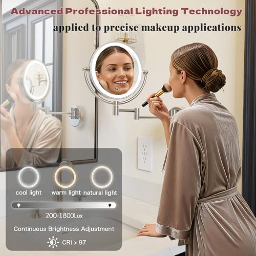 Wall Mounted Lighted Makeup Mirror, 1/5X Magnifying, Brass Brushed Nickel - Image 3