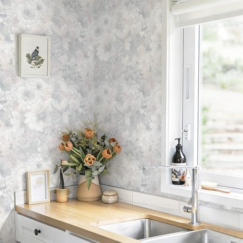 Heroad Floral Peel and Stick Wallpaper Vintage Grey/Pink Contact Paper - Image 3