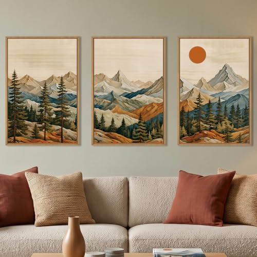 Boho Mountain Framed Canvas Wall Art Set, Woodcut Pine Tree Wall Decor by Ausril