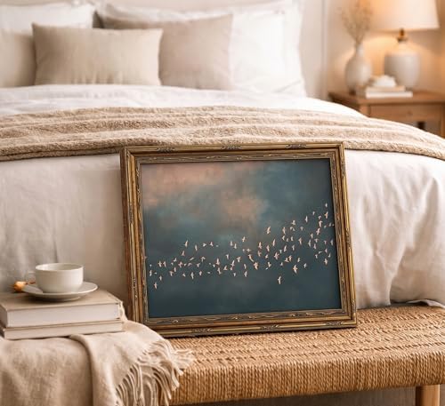 Vintage Gold Framed Flock of Birds in Flight Wall Art, Abstract Teal and Blush - Image 6