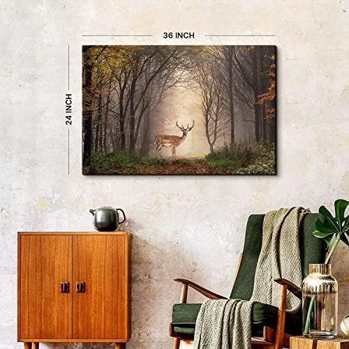 Wild Animal Landscape Canvas Wall Art Deer in Autumn Foggy Forest Picture Wall - Image 5