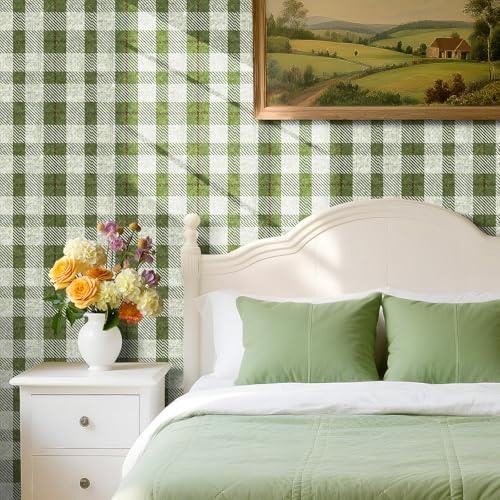 Livelynine 17.5x276" Green Plaid Peel and Stick Wallpaper Vintage Gingham Linen - Image 5