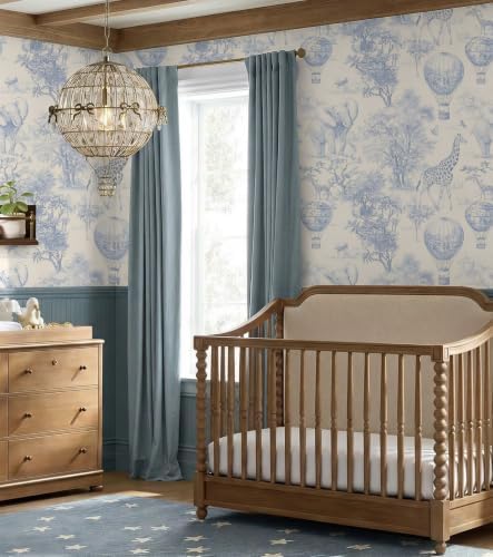 RollsRolla Blue Safari Toile Peel and Stick Wallpaper, Vintage Hot Air Balloon by RollsRolla