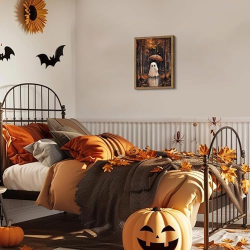 Framed Vintage Halloween Ghost Canvas Wall Art, Cute Ghost Holding Umbrella - Image 7