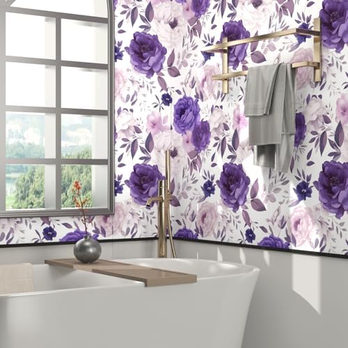 BOKEBEVE Super Long White Purple Floral Peel Stick Wallpaper 17.5 x 787In - Image 2