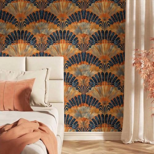 18"x236" Brown Orange Fan-Shaped Geometric Art Boho Peel and Stick Self - Image 2